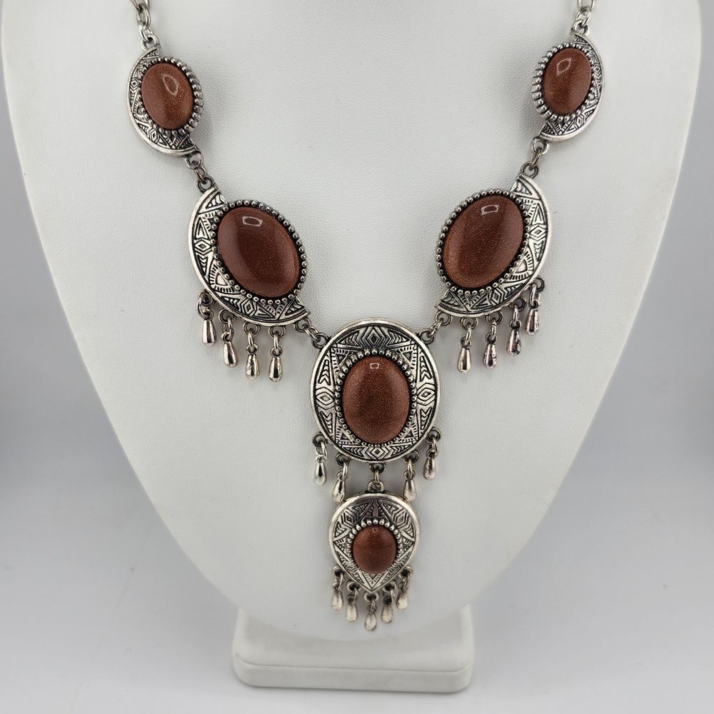 Indian Script Necklace 24" Chain Faux Stone